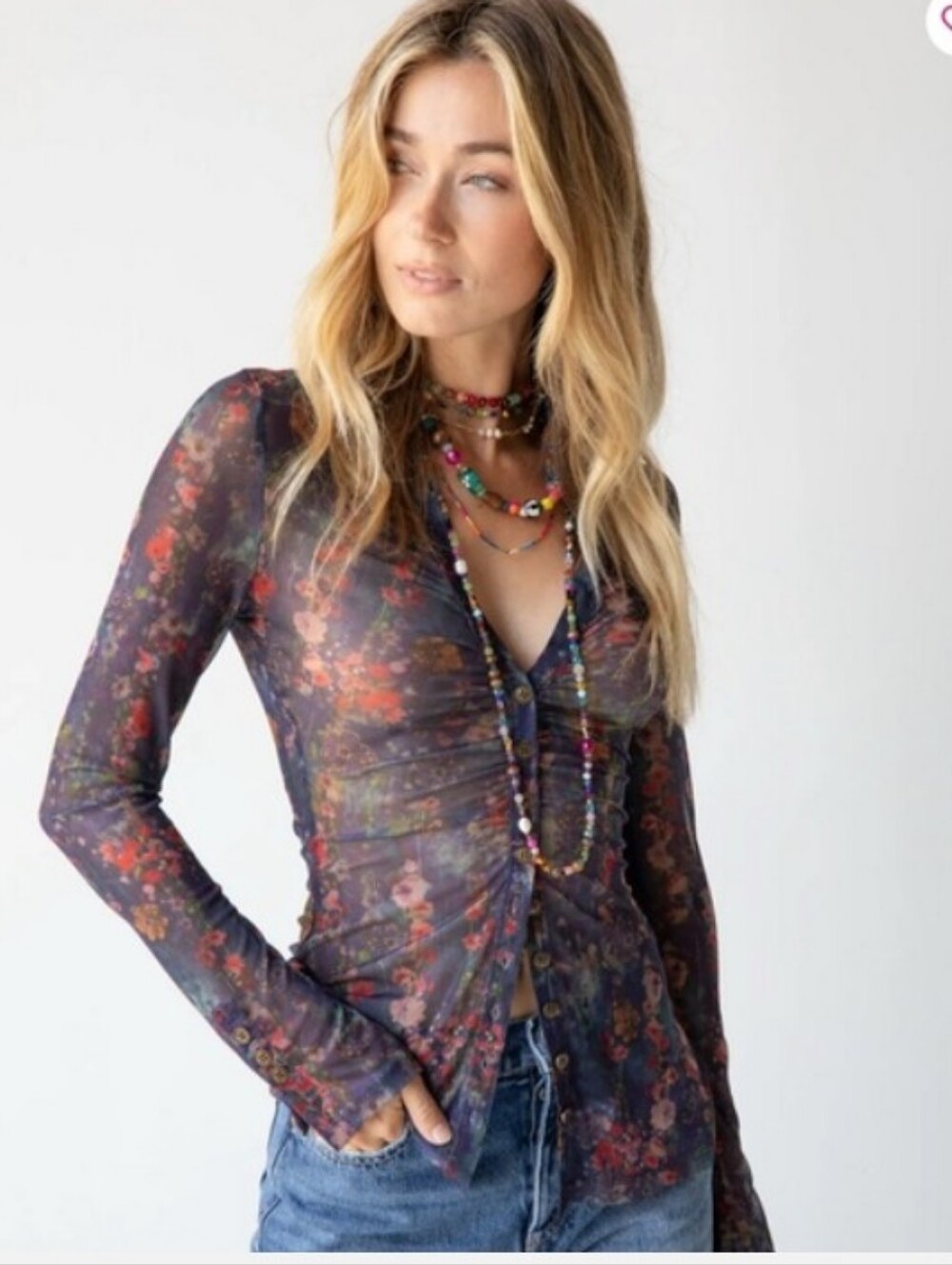 Natural Life Indigo Floral Printed Mesh Top M